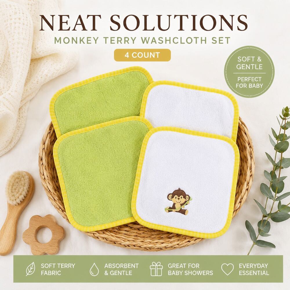 Neat Solutions Monkey Terry Washcloth Set 4 Count Yellow Green Baby Bath